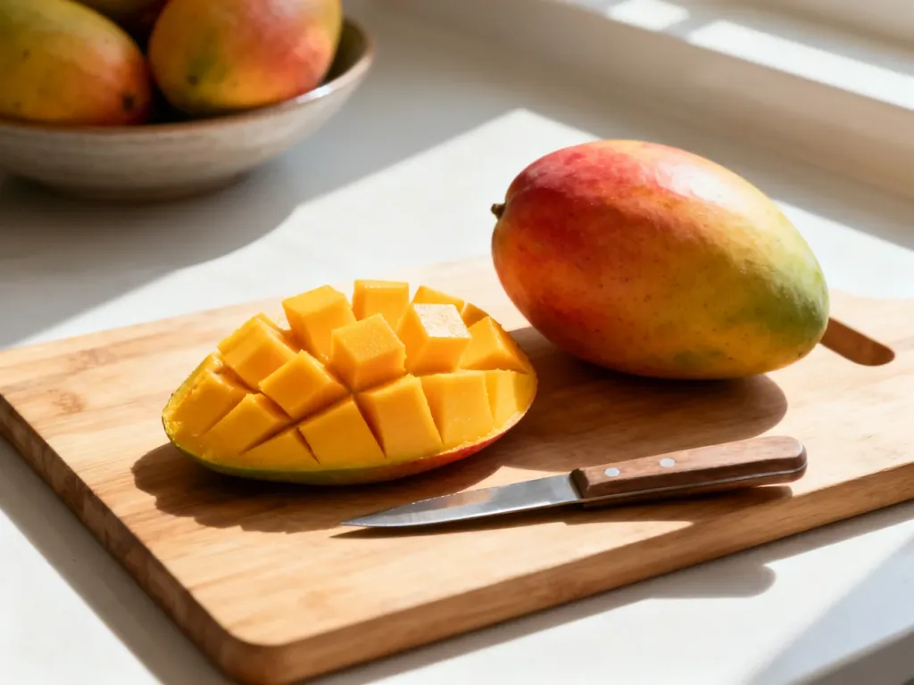 Dojrzałe mango pokrojone w kostkę na desce z nożem, pokazujące prostą technikę krojenia krok po kroku