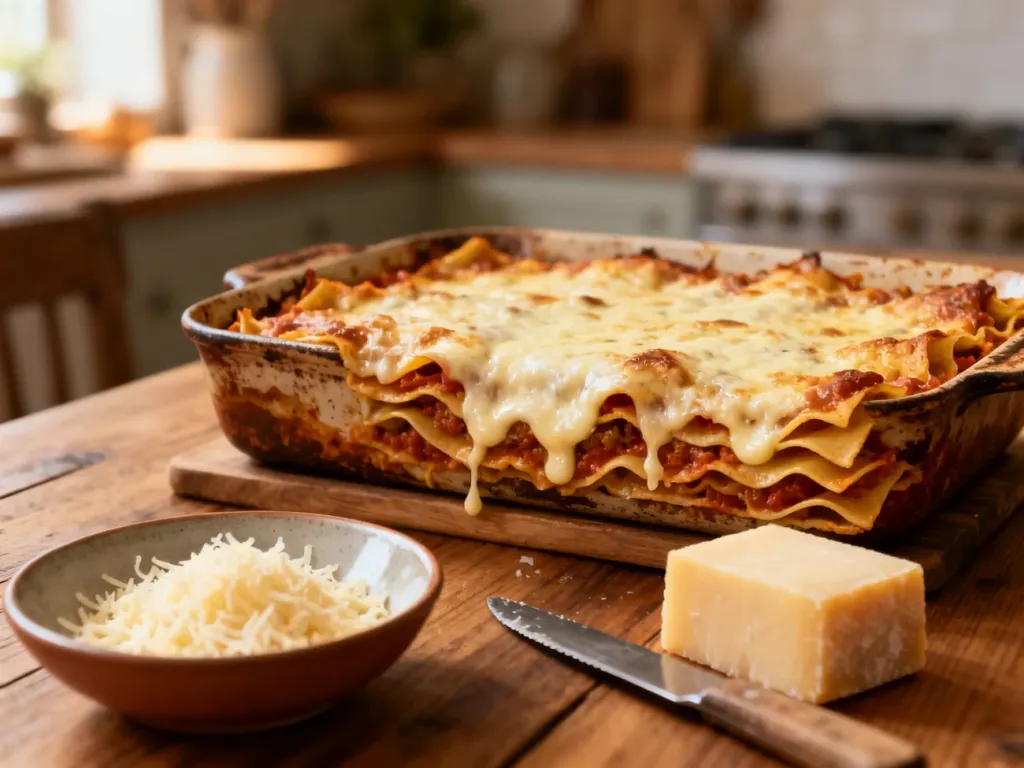 Kremowa lasagne w żaroodpornym naczyniu, obok miseczka ze startym serem i blok sera, podkreślenie roli sera w daniu.
