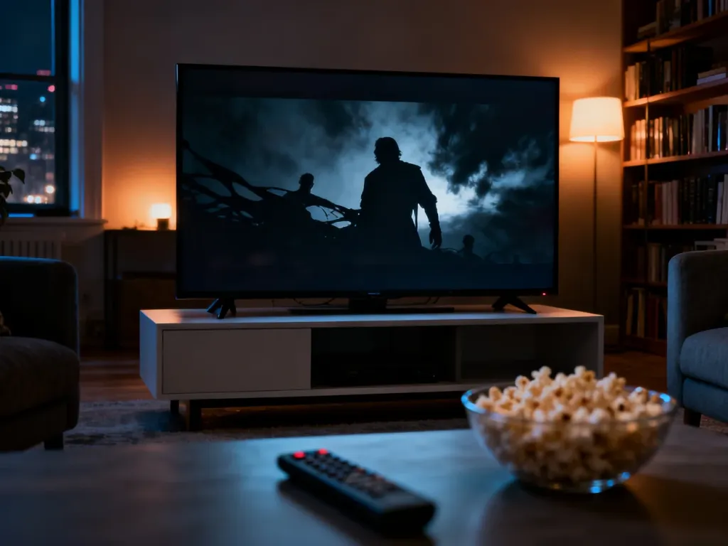 Przytulny salon z telewizorem wyświetlającym mroczną, tajemniczą scenę serialu oraz miska popcornu na stoliku.