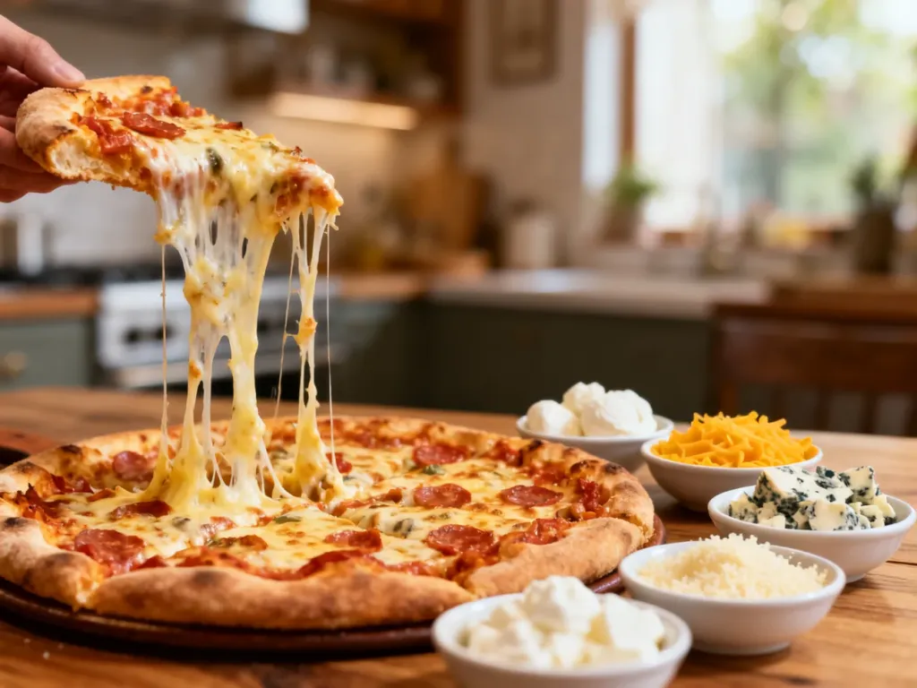 Kawałek gorącej pizzy z ciągnącym się serem i miseczki z różnymi serami: mozzarella, cheddar, pleśniowy, parmezan.