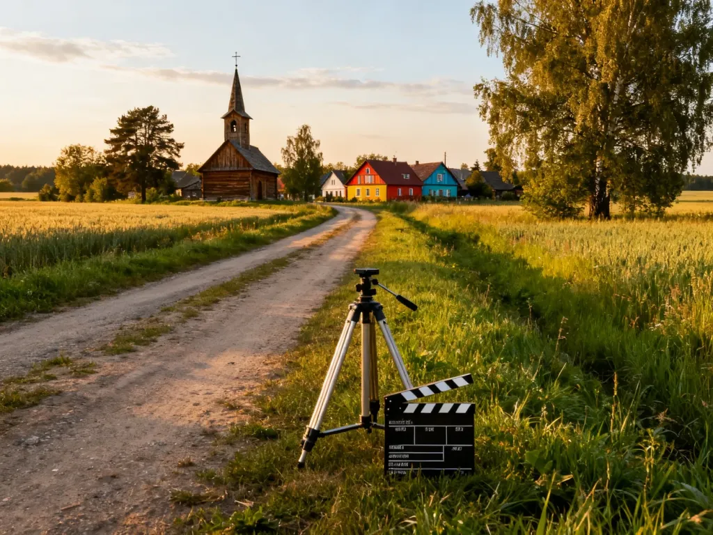 Podlaska wiejska droga o zachodzie słońca prowadząca do drewnianego kościoła i domów, z rekwizytami filmowymi na trawie
