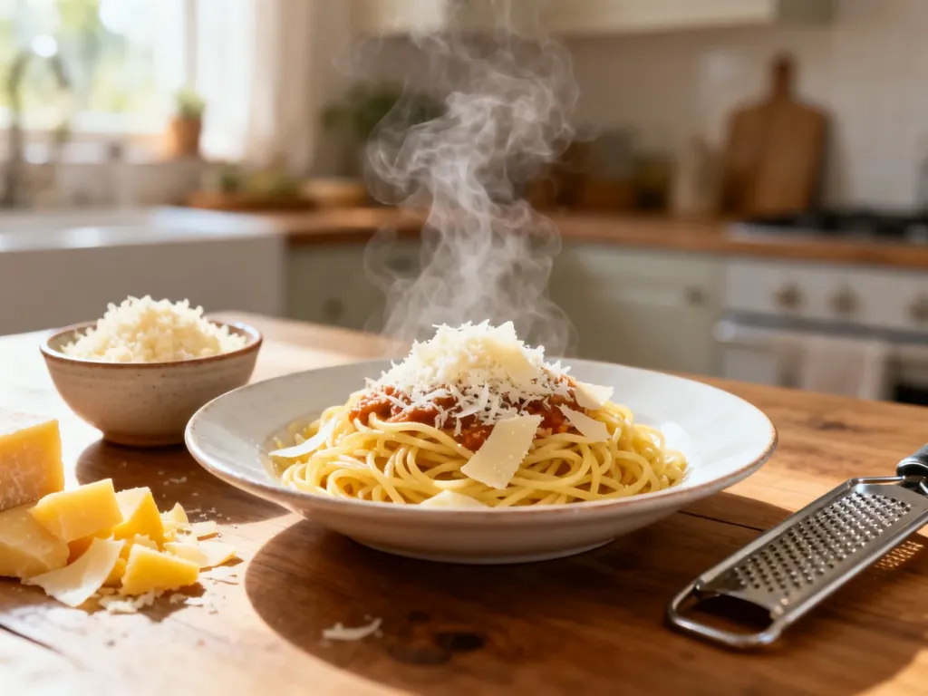 Talerz gorącego spaghetti z mieszanką startych serów i tarką obok, podkreślający wybór idealnego sera do makaronu.